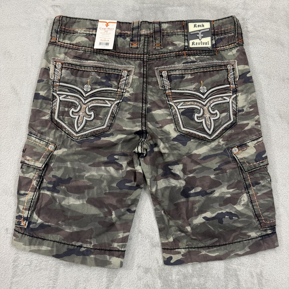 NWT Rock Revival Classic Camo Cargo Shorts Mens Size 36 Baggy Wide Y2K Style